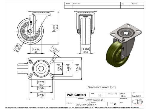 Base Giratoria con Rueda de alta temperatura 4” x 1-1/2”