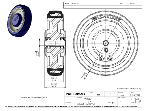 5″ X 1 1/4″ Blue on Tan TPU A98 Crown Tread on Polypropylene, Light/Medium Duty Wheel, with 5/16″