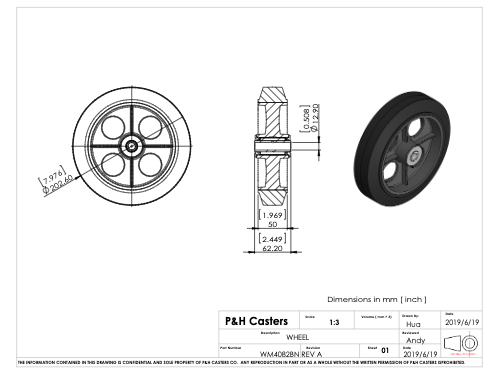 Rueda 8" x 2" Rubber on Cast Iron