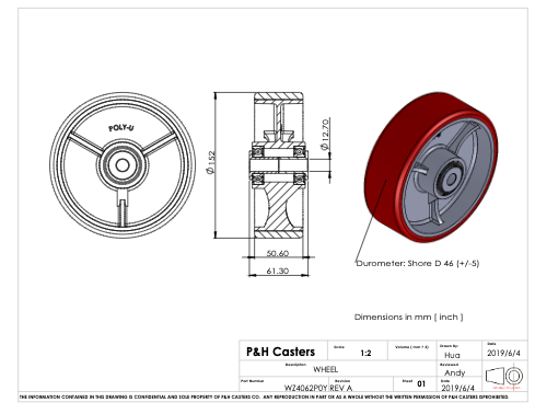 6″ X 2″ Red on Silver Die Cast TPU on Silver Medium/Heavy Duty Wheel