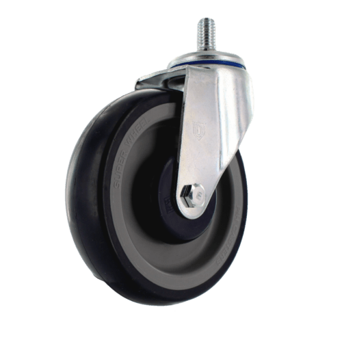 Retail Swivel Caster with Zinc Plated Steel With Lacquer Dip Yoke, 1/2″ X 13 X 7/8″ Keyed Shopping Cart Mount, 5″ X 1 1/4″ Soft Rubber