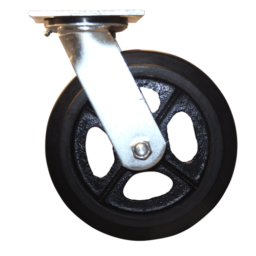Medium/Heavy Duty Caster with Zinc Plated Steel with Lacquer Dip Yoke, 4″ X 4 1/2″ Plate Mount, 8″ X 2″ Rubber on Steel Flat Tread Black Wheel