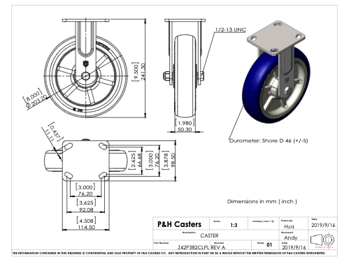 Medium/Heavy Duty Rigid Caster with Zinc Plated Steel with Lacquer Dip Yoke, 4″ X 4 1/2″ Plate Mount, 8″ X 2″