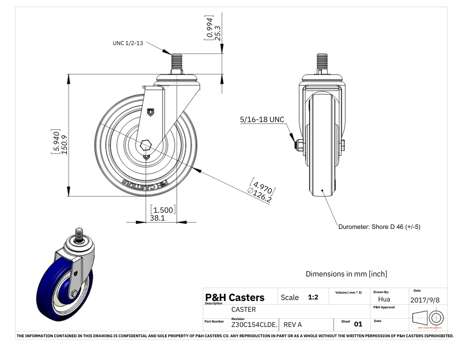 Base Espiga Rosca con Rueda 5” x 1-1/4”