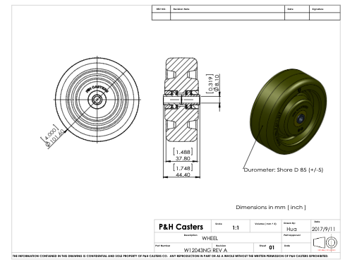 4″ X 1 1/2″ Green High Temp Epoxy Resin, Light/Medium Duty Wheel, with 5/16